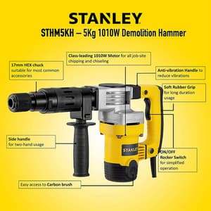 Stanley 1010W 5Kg Hex Corded Chipping Hammer With Kitbox, STHM5KH-IN