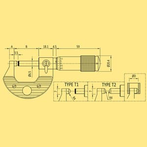 Baker 3 - 4 inch Spherical Hardened Steel Anvil & Flat Carbide Spindle Face Tube Micrometer, INC4 - T1