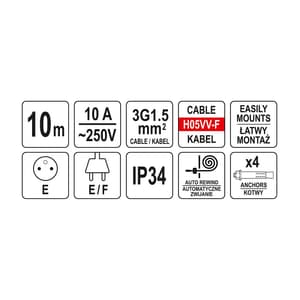 Yato 10 Mtr / 10A Auto Retract Electric Cable Reel, YT-81220
