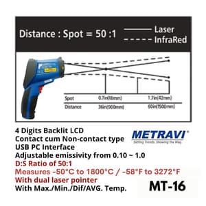 Metravi 4 Digits 1800°C Temperature Range With Dual Laser Pointer Non-contact cum Contact Infrared Thermometer With USB PC Interface, MT-16