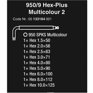 Wera 950 / 9 Pcs Hex-Plus Multicolour 2 L-key Set Metric BlackLaser, 05133164001