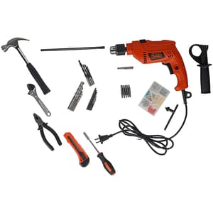 Black+Decker 13mm 550W Hammer Drill Hand Tools Kit For Home DIY & Professional Use 100 Pcs, HD555KMPR-B1