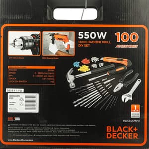 Black+Decker 13mm 550W Hammer Drill Hand Tools Kit For Home DIY & Professional Use 100 Pcs, HD555KMPR-B1