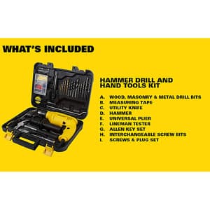 Stanley 13 mm / 600W Hammer Drill Machine & Hand Tools Kit For Home, DIY & Professional Use (120-Pieces), SDH600KP