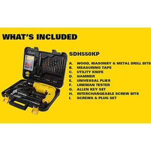Stanley 10mm 550W Single Speed Hammer Drill & Hand Tools Kit For Home DIY & Professional Use (120 Pcs), SDH550KP-IN