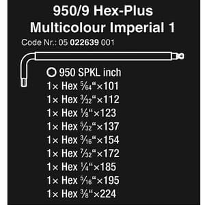 Wera 950 / 9 Pcs Hex-Plus Multicolour Imperial 1 L-key Set BlackLaser, 05022639001