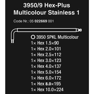 Wera 3950 / 9 Pcs Hex-Plus Multicolour Stainless 1 L-key Set Metric Stainless, 05022669001