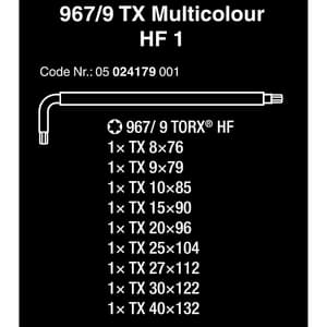 Wera 967 / 9 Pcs TX Multicolour HF 1 L-key Set with Holding Function, 05024179001
