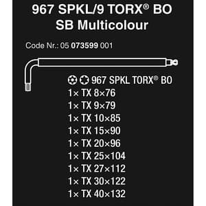 Wera 967 / 9 Pcs TX BO Multicolour 1 SB L-key Set For Tamper-Proof TORX® Screws, BlackLaser, 05073599001