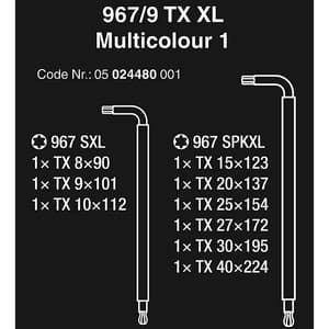 Wera 967 / 9 Pcs TX XL Multicolour 1 L-key Set For TORX® Screws long, 05024480001