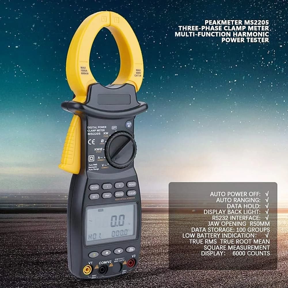 Mastech 6000 Count / 1000A AC TRMS Three-Phase Power Clamp Meter, MS2205