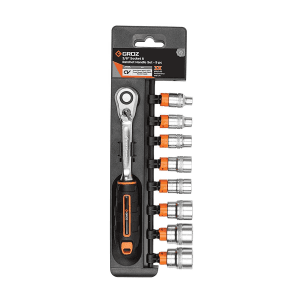 Groz 9 Pcs 3/8 Inch Sq. Drive Hex Socket Set With Ratchet Handle, KIT/SKT/H/3-8/9LH/UG