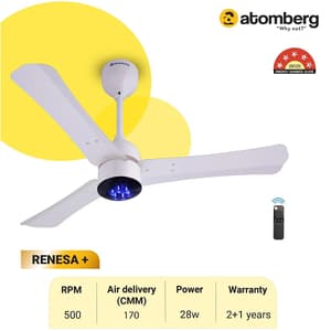Atomberg Renesa+ 900 mm Energy Efficient Dust Resistant Ceiling Fan With BLDC Motor & Remote (Pearl White)
