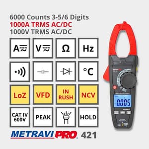 Metravi 3-5/6 Digit / 1000V Digital TRMS AC/DC Clamp Meter, Pro 421