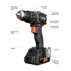 Groz 13 mm / 20V Li-ion Brushless Cordless Impact Drill Driver with 2 Batteries & Charger (Keyless Chuck), BID/13/20-2/L2/EU