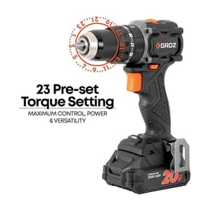 Groz 13 mm / 20V Li-ion Brushless Cordless Impact Drill Driver with 2 Batteries & Charger (Keyless Chuck), BID/13/20-2/L2/EU