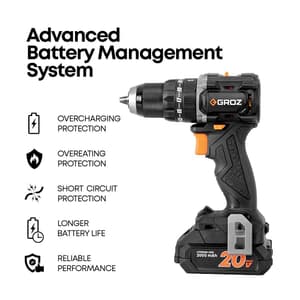 Groz 13 mm / 20V Li-ion Brushless Cordless Impact Drill Driver with 2 Batteries & Charger (Keyless Chuck), BID/13/20-2/L2/EU
