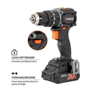 Groz 13 mm / 20V Li-ion Brushless Cordless Impact Drill Driver with 2 Batteries & Charger (Keyless Chuck), BID/13/20-2/L2/EU