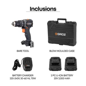 Groz 13 mm / 20V Li-ion Brushless Cordless Impact Drill Driver with 2 Batteries & Charger (Keyless Chuck), BID/13/20-2/L2/EU