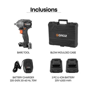 Groz 400 Nm / 20V Li-ion Brushless Cordless Impact Wrench with 2 Batteries & Charger, BIW/1-2/400/20-4/L2/EU