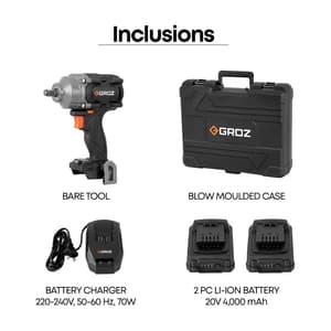Groz 600 Nm / 20V Li-ion Brushless Cordless Impact Wrench with 2 Batteries & Charger, BIW/1-2/600/20-4/L2/EU