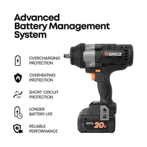 Groz 1000 Nm / 20V Li-ion Brushless Cordless Impact Wrench with 2 Batteries & Charger, BIW/1-2/1000/20-8/L2/EU