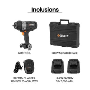 Groz 1000 Nm / 20V Li-ion Brushless Cordless Impact Wrench with 2 Batteries & Charger, BIW/1-2/1000/20-8/L2/EU