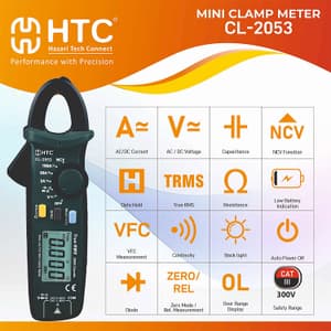 HTC 1999 Count / 100A AC/DC TRMS Mini Clamp Meter with Backlight, CL-2053