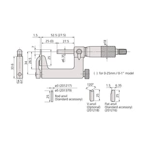 Mitutoyo 25 - 50 mm Interchangeable Anvil Type Uni-mike Micrometer with Ratchet Stop, 117-102